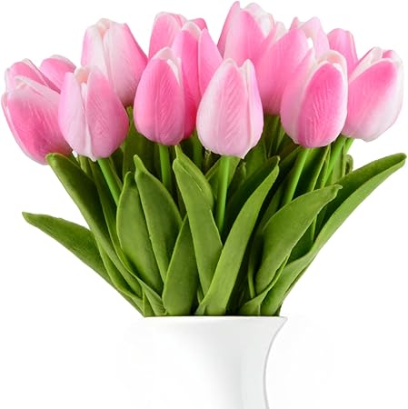HoveBeaty Artificial Tulips Bouquet – Real Touch White PU Flowers (Pack of 20)