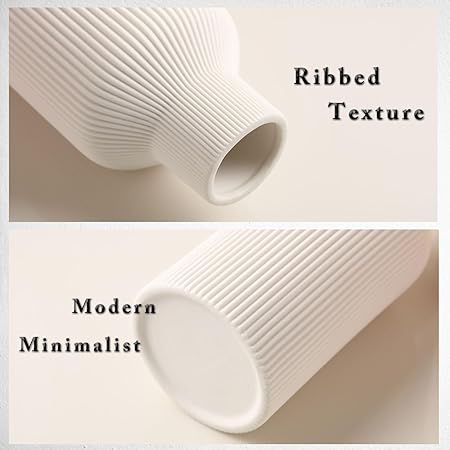 White Ceramic Flower Vase – 8-Inch Minimalist Ribbed Matte Vase for Pampas Grass, Flowers &amp; Modern Home Décor by KIOXOHO