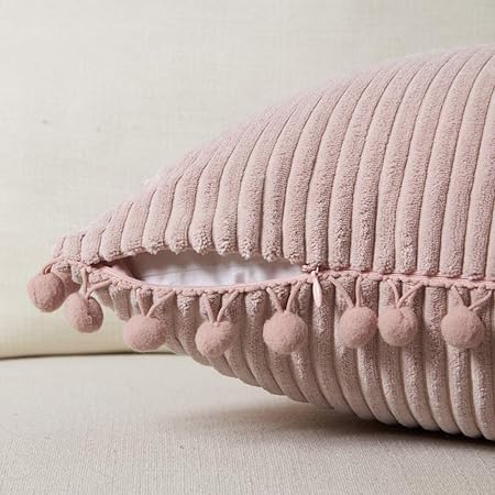 Fancy Homi 2-Pack Corduroy Pillow Covers with Pom-Poms – 18x18 Decorative Cushion Cases
