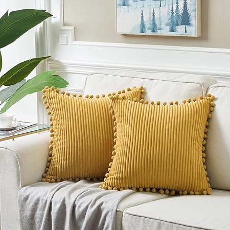 Fancy Homi 2-Pack Corduroy Pillow Covers with Pom-Poms – 18x18 Decorative Cushion Cases