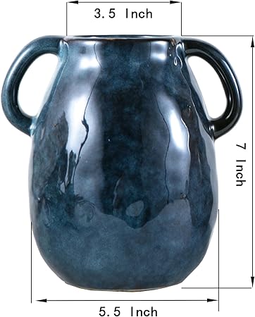 Tanvecle Blue Ceramic Vase with Handles – Rustic Farmhouse Pottery Flower Vase for Home, Dining Table &amp; Centerpieces | 7-Inch Decorative Terracotta-Style Vase