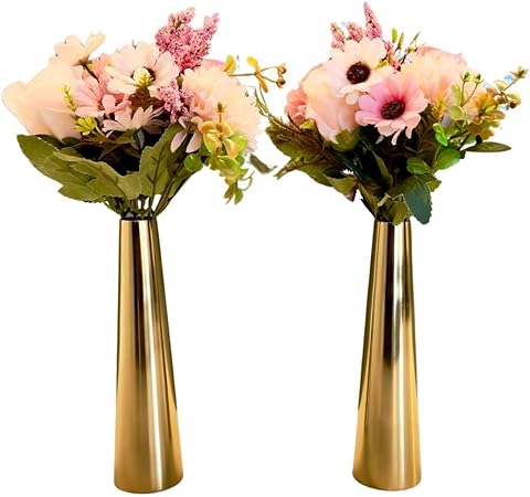 Gold Slim Cone Vase by Indian Impressions – Handcrafted Metal Vases with Hammered Gold Finish for Home Decor, Table Centerpieces &amp; Gifting (Set of 2)