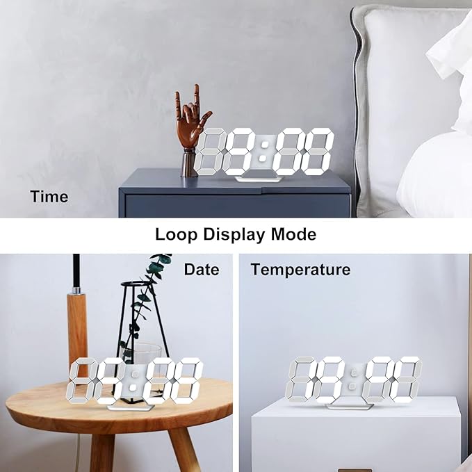 Deeyaple 3D LED Digital Alarm Clock – 9.7" Modern Wall &amp; Table Clock with Remote Control, Snooze, Date, Temperature, Night Light &amp; Dimmable Brightness (White)