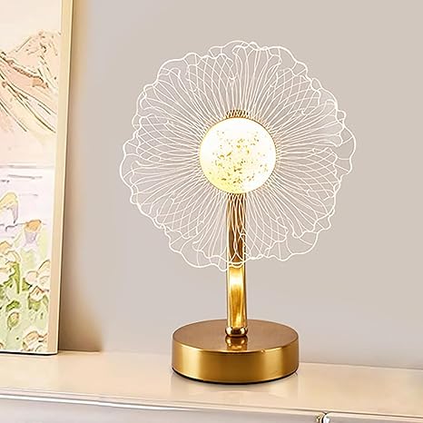 Sunflower Table Lamp – 3-Color Stepless Dimmable LED Light, USB Powered Acrylic &amp; Metal Bedside Lamp for Bedroom, Living Room &amp; Gifts (Gold Finish)