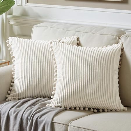 Fancy Homi 2-Pack Corduroy Pillow Covers with Pom-Poms – 18x18 Decorative Cushion Cases