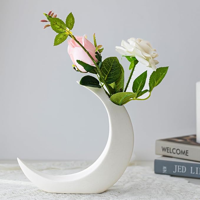 COTYNI White Ceramic Crescent Moon Vase – Modern Minimalist Boho Lunar Flower Vase for Home Décor, Living Room, Table Centerpiece, and Wedding Gift