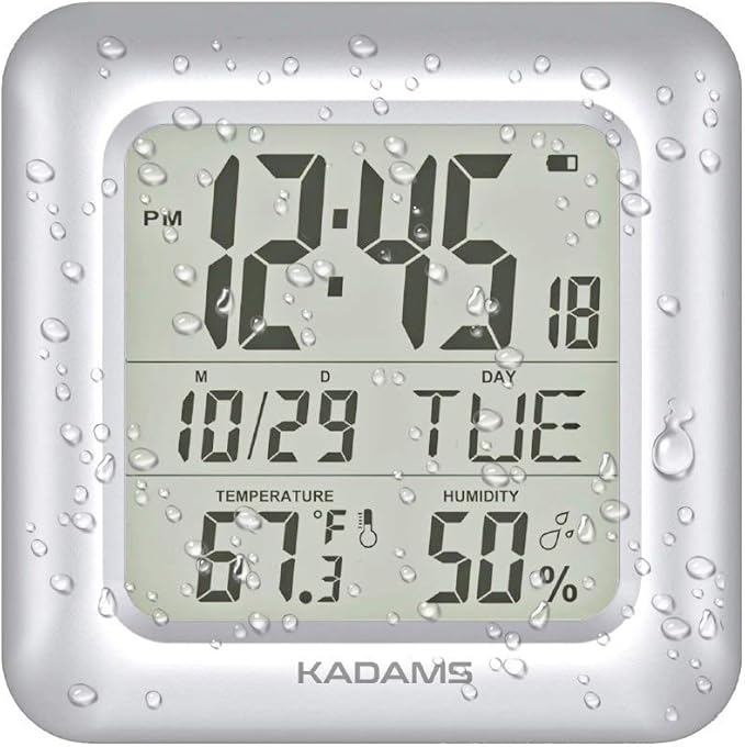 KADAMS Bathroom Digital Clock – Waterproof Shower Wall Clock with Temperature, Humidity & Calendar (Silver)