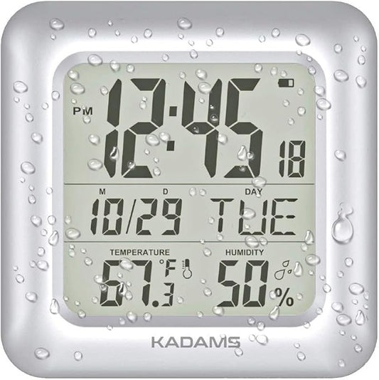 KADAMS Bathroom Digital Clock – Waterproof Shower Wall Clock with Temperature, Humidity & Calendar (Silver)