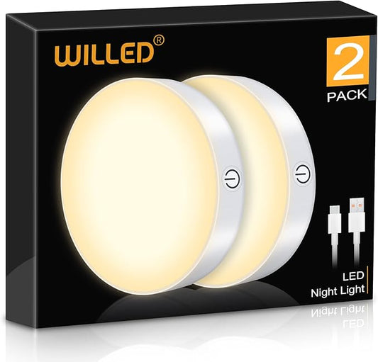 WILLED 3000K Dimmable Touch Lights (2 Pack) | Rechargeable LED Tap Night Lights | Magnetic Stick-On Closet, Cabinet &amp; Bedroom Light