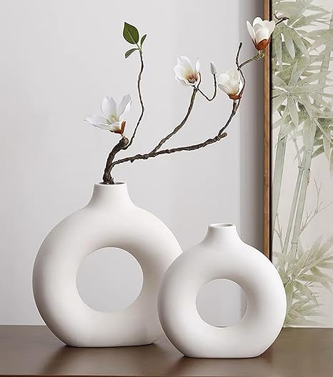 White Ceramic Donut Vase Set by DRDGL – Modern Nordic Round Matte Vases for Pampas Grass, Living Room, Kitchen &amp; Home Décor (Set of 2 – Small + Large)