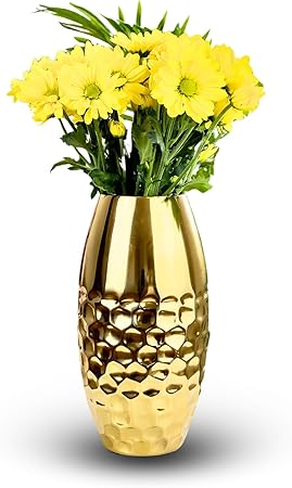 Gold Slim Cone Vase by Indian Impressions – Handcrafted Metal Vases with Hammered Gold Finish for Home Decor, Table Centerpieces &amp; Gifting (Set of 2)