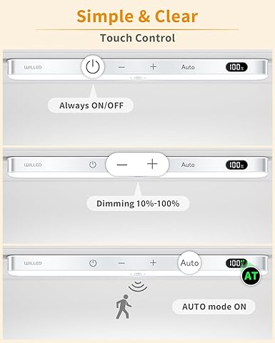 WILLED Rechargeable Under Cabinet Lights (2 Pack) – 60 LED Motion Sensor Light Bar with Battery Display, Dimmable Touch Control, Wireless Stick-On Closet &amp; Kitchen Lighting
