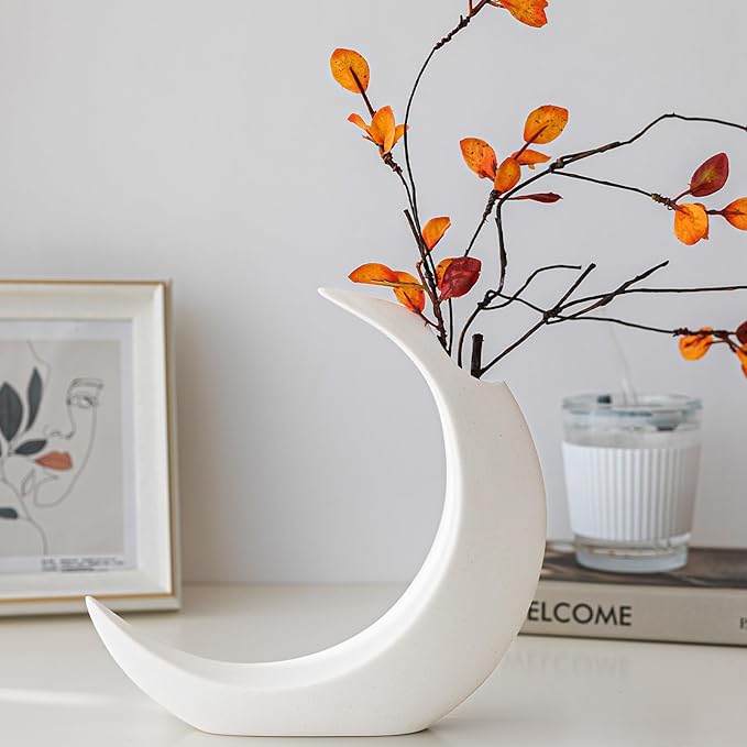 COTYNI White Ceramic Crescent Moon Vase – Modern Minimalist Boho Lunar Flower Vase for Home Décor, Living Room, Table Centerpiece, and Wedding Gift