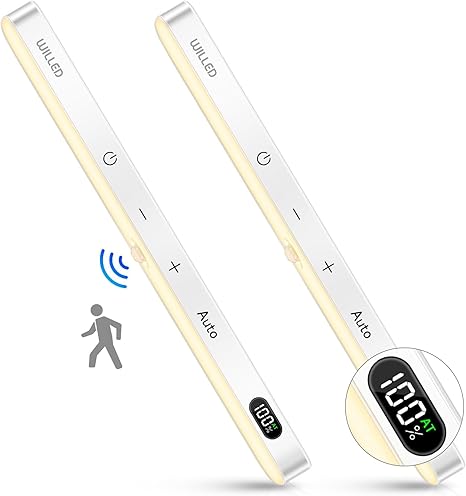 WILLED Rechargeable Under Cabinet Lights (2 Pack) – 60 LED Motion Sensor Light Bar with Battery Display, Dimmable Touch Control, Wireless Stick-On Closet &amp; Kitchen Lighting
