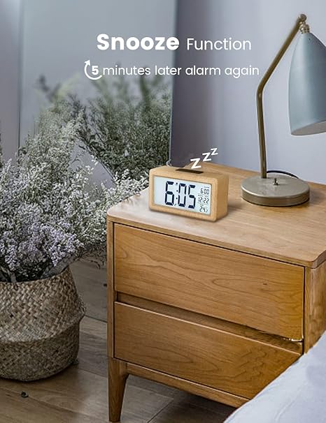 Clock Wooden Digital Alarm Clock – Retro Beech Bedside Clock with Large LCD Display, Temperature, Snooze, Auto Brightness Sensor – Battery Operated