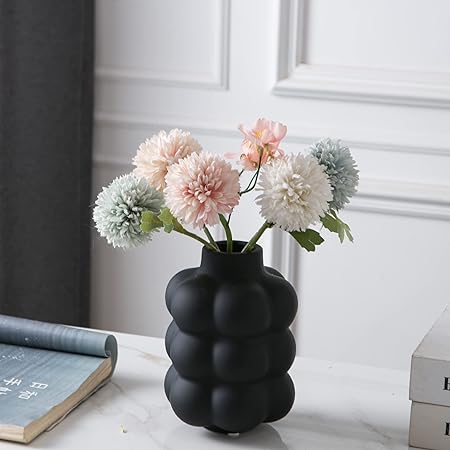 Mowtanco Black Ceramic Vase – Small Round Decorative Flower Vase for Centerpieces, Modern Boho Home Décor, Sculptural Three-Layer Design – 6.7” Tall