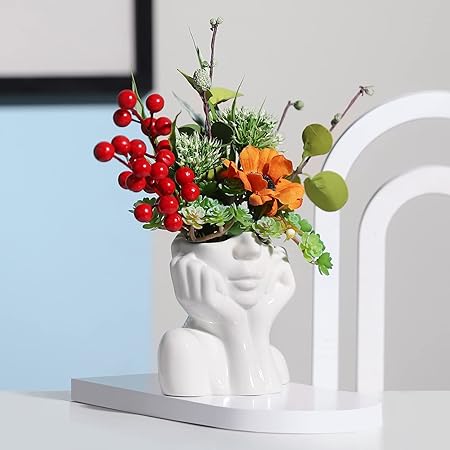 XSMXLNKWL Ceramic Face Vase Hands on Cheeks Design, White Female Form Art Vase, Modern Decorative Centerpiece for Table, Shelf, Living Room, or Office