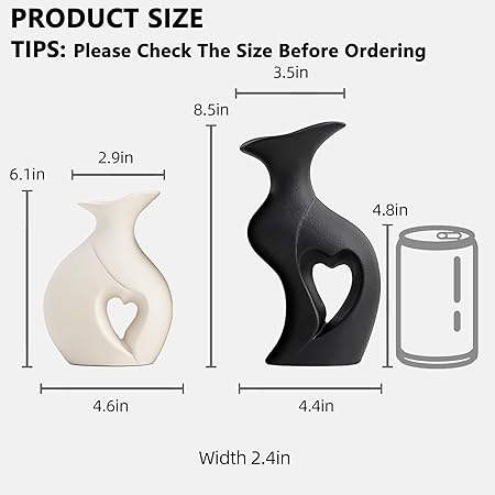 Black and White Heart Shape Ceramic Vase Set of 2 – Modern Boho Hollow Vases | Nordic Minimalist Decorative Flower Vases for Living Room, Shelf, Fireplace &amp; Table Décor