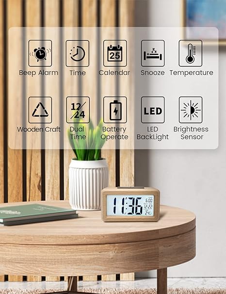 Clock Wooden Digital Alarm Clock – Retro Beech Bedside Clock with Large LCD Display, Temperature, Snooze, Auto Brightness Sensor – Battery Operated