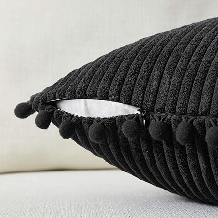 Fancy Homi 2-Pack Corduroy Pillow Covers with Pom-Poms – 18x18 Decorative Cushion Cases
