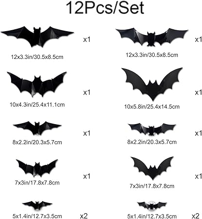 3D Bat Design LED Decoration – Halloween Light-Up Wall Bats (12 Pcs)