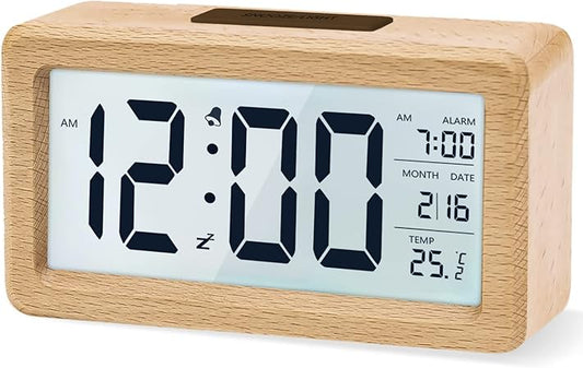 Clock Wooden Digital Alarm Clock – Retro Beech Bedside Clock with Large LCD Display, Temperature, Snooze, Auto Brightness Sensor – Battery Operated
