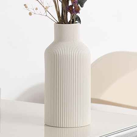 White Ceramic Flower Vase – 8-Inch Minimalist Ribbed Matte Vase for Pampas Grass, Flowers &amp; Modern Home Décor by KIOXOHO