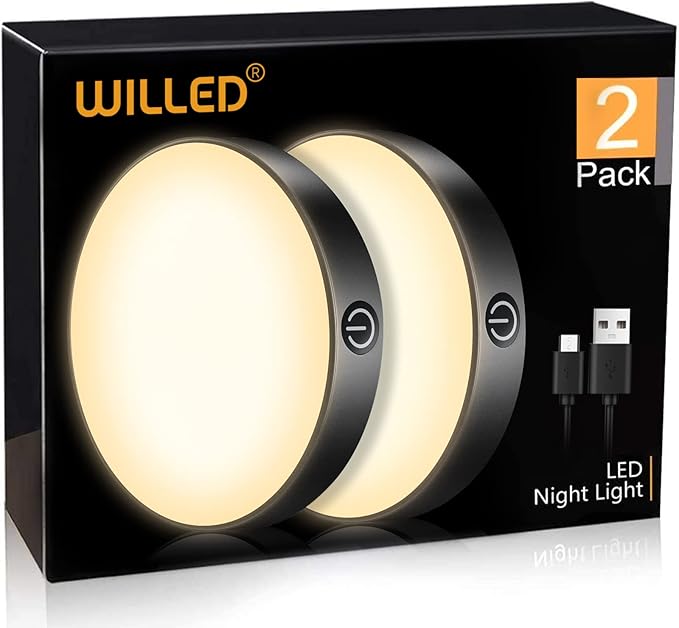 WILLED 3000K Dimmable Touch Lights (2 Pack) | Rechargeable LED Tap Night Lights | Magnetic Stick-On Closet, Cabinet &amp; Bedroom Light
