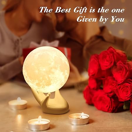 Mydethun Moon Lamp 3.5" – 3D Printed Night Light with Ceramic Hand Base, Dimmable LED, Rechargeable Bedside Lamp & Home Décor Gift