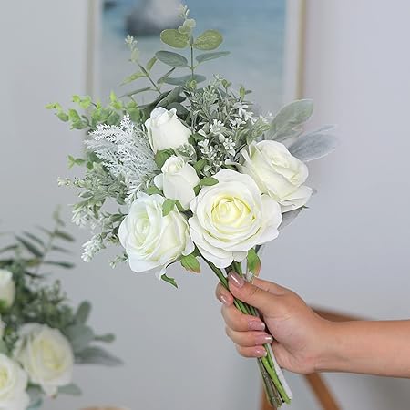 VIERENA Faux Flowers with Vase – White Artificial Silk Roses &amp; Eucalyptus Arrangement in Glass Vase with Heart Pendant, Rustic Farmhouse Home Décor Centerpiece