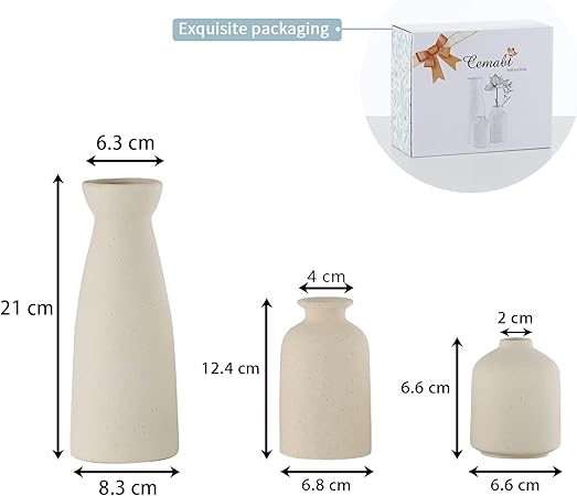 CEMABT Beige Ceramic Vase Set of 3 – Boho Farmhouse Small Decorative Vases for Dried Flowers & Pampas Grass