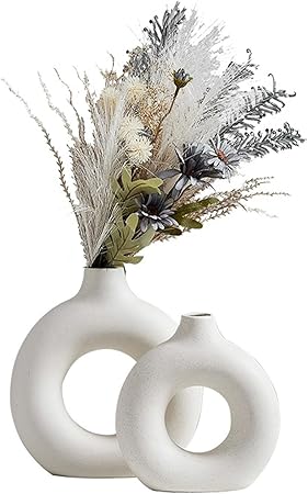 White Ceramic Donut Vase Set by DRDGL – Modern Nordic Round Matte Vases for Pampas Grass, Living Room, Kitchen &amp; Home Décor (Set of 2 – Small + Large)