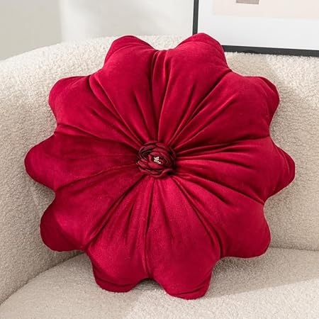 GKWW 15.7" Red Velvet Flower Pillow Cushion – Round Decorative Throw Pillow for Sofa, Bed, and Chair | Soft Dutch Velvet Floral Cushion for Home Decor
