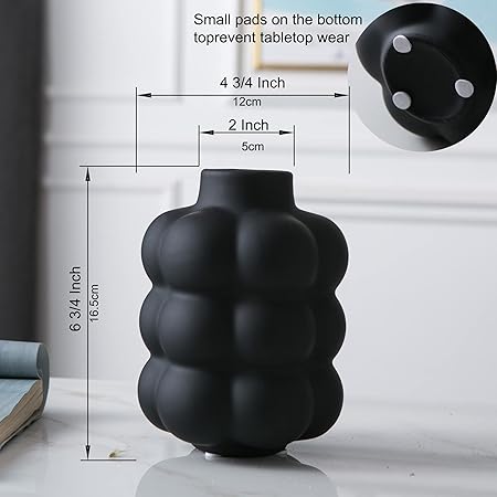 Mowtanco Black Ceramic Vase – Small Round Decorative Flower Vase for Centerpieces, Modern Boho Home Décor, Sculptural Three-Layer Design – 6.7” Tall