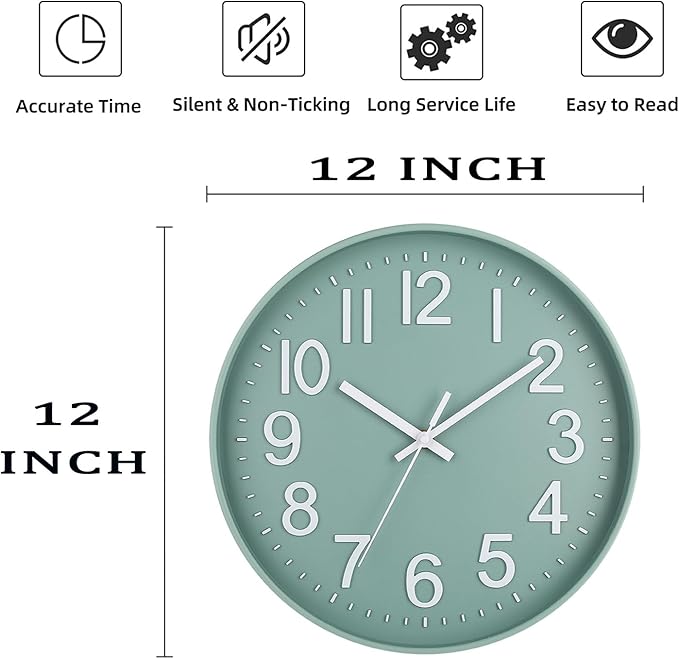 Modern Silent Wall Clock 12" – Green & White