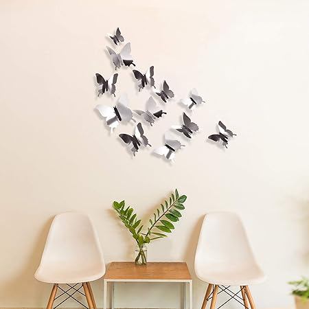 48 Pieces 3D Mirror Butterfly Wall Stickers – Silver DIY Home Decor Set for Walls, Doors &amp; Windows | Reusable Decorative Wall Decals for Living Room, Bedroom &amp; Nursery