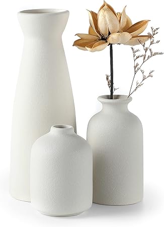 CEMABT Beige Ceramic Vase Set of 3 – Boho Farmhouse Small Decorative Vases for Dried Flowers & Pampas Grass