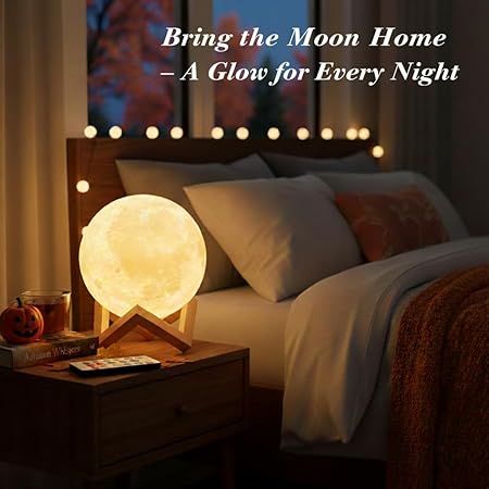 Mydethun Moon Lamp 4.7" – 3D Printed LED Night Light with Wooden Base, Dimmable Brightness, Rechargeable Bedside & Home Décor Gift