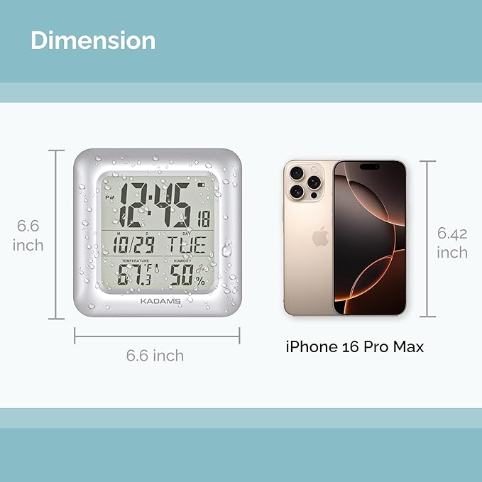 KADAMS Bathroom Digital Clock – Waterproof Shower Wall Clock with Temperature, Humidity & Calendar (Silver)