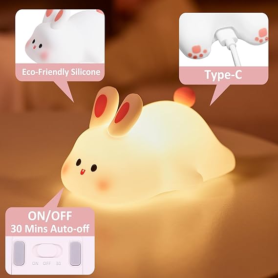 Cute Bunny Nursery Light – Squishy Silicone Rabbit Night Lamp | Rechargeable, Touch Control, Kawaii Kids Room Decor