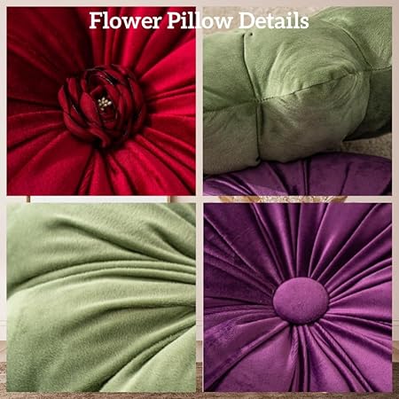 GKWW 15.7" Red Velvet Flower Pillow Cushion – Round Decorative Throw Pillow for Sofa, Bed, and Chair | Soft Dutch Velvet Floral Cushion for Home Decor