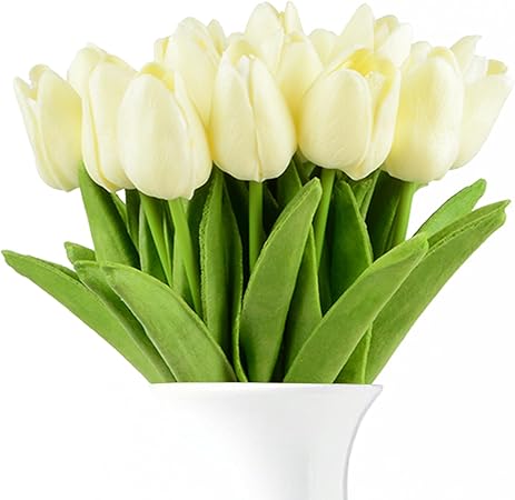 HoveBeaty Artificial Tulips Bouquet – Real Touch White PU Flowers (Pack of 20)