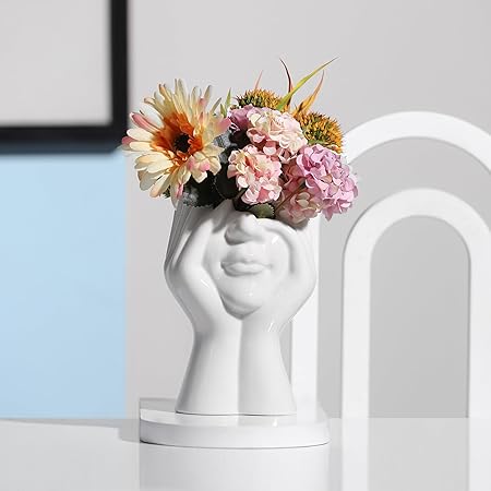 XSMXLNKWL Ceramic Face Vase Hands on Cheeks Design, White Female Form Art Vase, Modern Decorative Centerpiece for Table, Shelf, Living Room, or Office