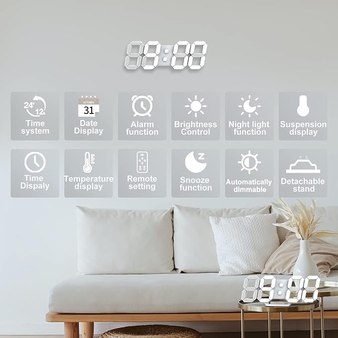 Deeyaple 3D LED Digital Alarm Clock – 9.7" Modern Wall &amp; Table Clock with Remote Control, Snooze, Date, Temperature, Night Light &amp; Dimmable Brightness (White)