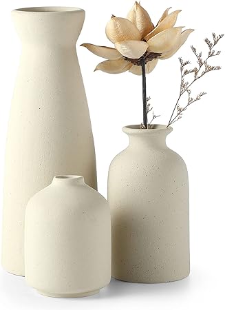 CEMABT Beige Ceramic Vase Set of 3 – Boho Farmhouse Small Decorative Vases for Dried Flowers & Pampas Grass