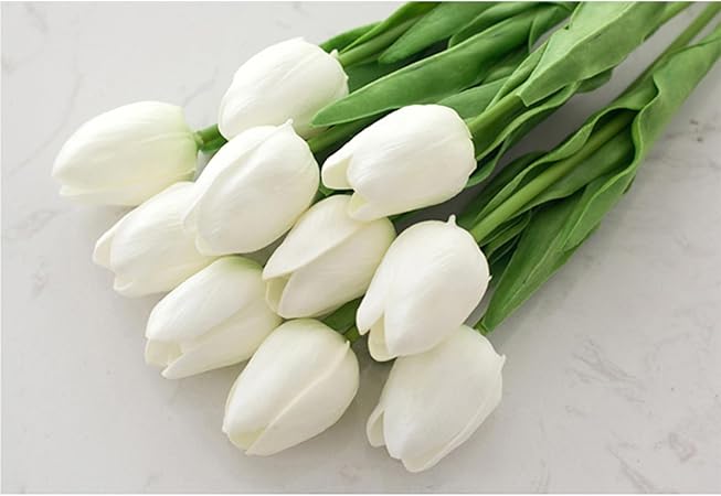 HoveBeaty Artificial Tulips Bouquet – Real Touch White PU Flowers (Pack of 20)