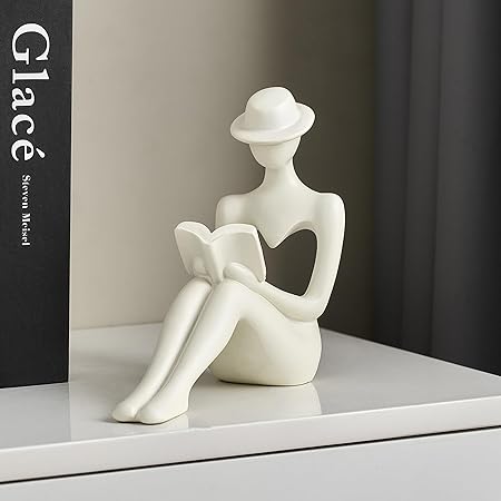 TIMEBUS Modern Thinker Reading Statue – Beige Abstract Resin Sculpture for Bookshelf, Coffee Table, or Office Decor | Minimalist Home Accent &amp; Gift for Book Lovers