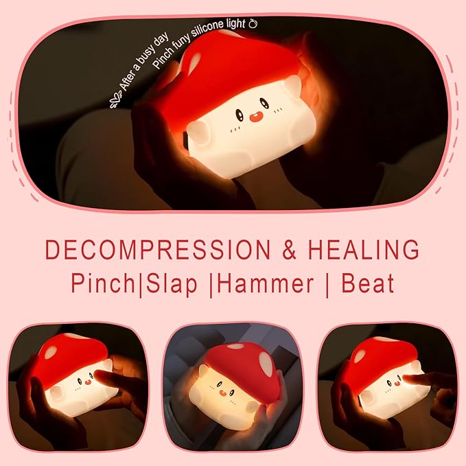 Rytinazzz Mushroom Night Light, Cute LED Squishy Night Lamp, 2 Levels Dimmable, Rechargeable, Timer, White Silicone