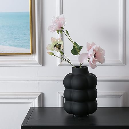 Mowtanco Black Ceramic Vase – Small Round Decorative Flower Vase for Centerpieces, Modern Boho Home Décor, Sculptural Three-Layer Design – 6.7” Tall