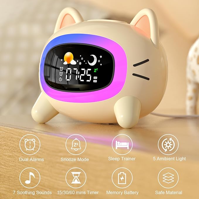 ANALOI Kids Alarm Clock – Cat Night Light Clock with Sleep Training, Sound Machine, Snooze &amp; Mood Light for Bedroom (Cute Cat Design)